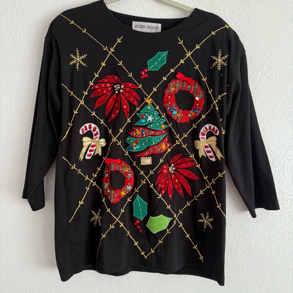 Christmas Shirt Women’s Large Black with Embroidery Festive Holiday Beading